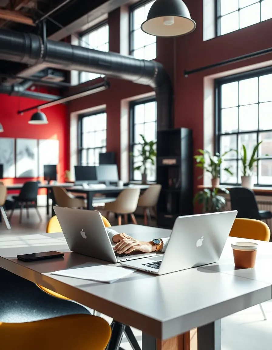 Workspace with laptops and hands no body; coffee cup fused to table